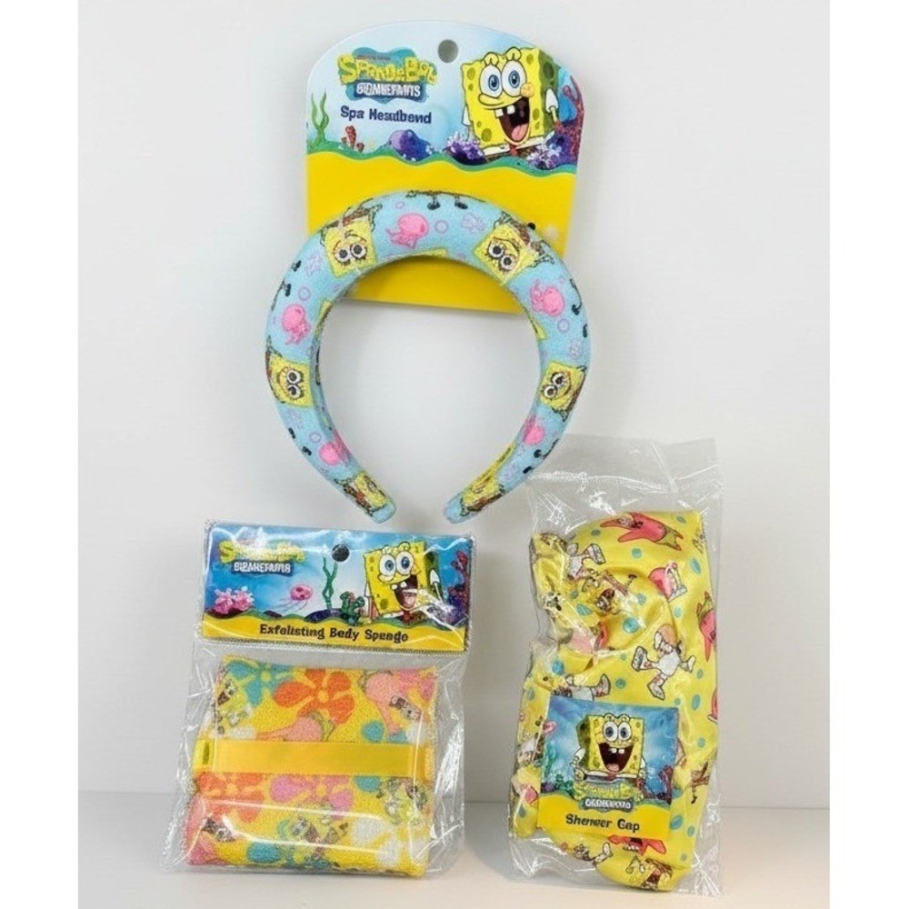 SpongeBob‎ SquarePants Kids Bath Set Bundle Spa Headband Sponge Shower Cap NWT